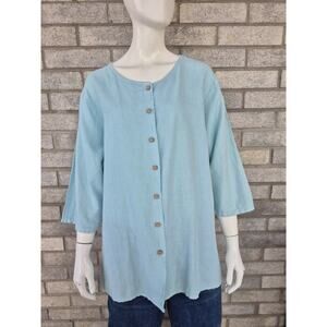 Hot Cotton Woman By Marc Ware 1X Linen Blend Button Front Tunic Top Blue Relaxed